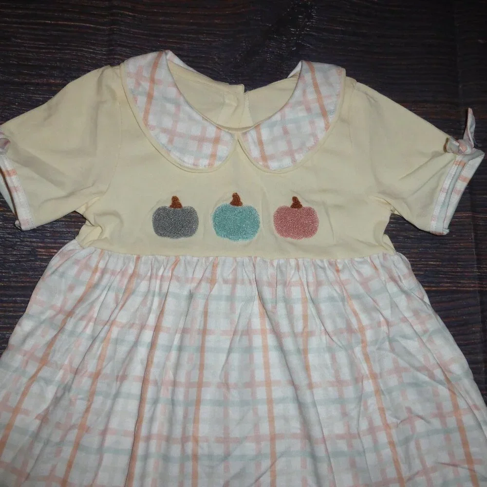 Boutique Chenille Pumpkin Plaid Short Sleeve Girls Dress